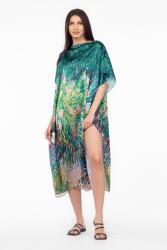 SHOPIKA Rochie de plaja lunga tip poncho din matase cu imprimeu impresionist floral pe fond verde Talie unica