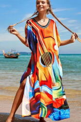 SHOPIKA Rochie boema de plaja lunga oversize, tip poncho din bumbac si vascoza, cu imprimeu artistic-Chitara Talie unica