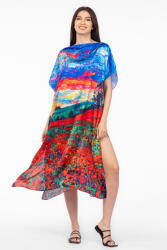 SHOPIKA Rochie de plaja lunga tip poncho din matase cu pictura camp de maci si cer albastru Talie unica
