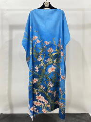 SHOPIKA Rochie albastra de plaja lunga tip poncho din matase cu reproducere dupa Migdal Inflorind de Van Gogh Talie unica