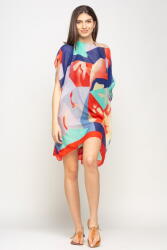 SHOPIKA Rochie de plaja tip poncho cu model abstract in nuante de rosu, albastru si verde, vascoza Talie unica