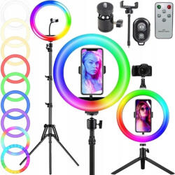 Dodaco Lampa inelara LED RGB 26 cm cu doua trepiede, suport telefon si telecomanda, iluminare reglabila, inaltime 220 cm, USB 5V