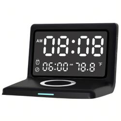 RealG RC-K-1626 digitális ébresztőóra tükörrel, Qi vezeték nélküli töltővel 15 W, fekete