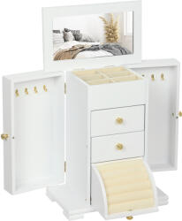 HOMCOM Cutie de bijuterii pentru femei cu 4 nivele, cutie din lemn cu aripi, oglindă și 2 sertare, 26, 5x16 x33, 5 cm, Alb | Aosom Romania (H00-007V01WT)