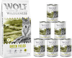 Wolf of Wilderness 12kg Wolf of Wilderness száraz kutyatáp + 6x400g nedves kutyatáp - Senior Green Fields - bárány (új recept)