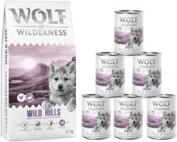 Wolf of Wilderness 12kg Wolf of Wilderness száraz kutyatáp + 6x400g nedves kutyatáp - Junior Wild Hills - kacsa (új recept)