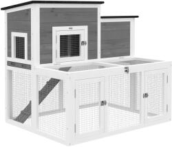 PawHut Adăpost pentru iepuri exterior din lemn Cușcă pentru iepuri interior acoperiș dublu rabatabil impermeabil 2 nivele cu țarc Gri | Aosom Romania (D51-553V90GY)