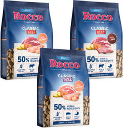 Rocco 3x1kg Rocco Classic Adult száraz kutyatáp vegyes próbacsomagban (marha & bárány + sertés & lazac + marha & lazac)