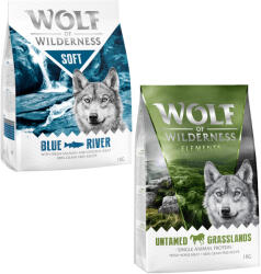 Wolf of Wilderness 2x1kg Wolf of Wilderness - vegyes próbacsomag száraz kutyatáp - "Soft - Blue River" - lazac & Sensitiv "Untamed Grasslands" ló