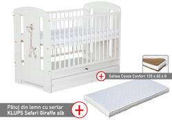 Klups Patut cu sertar KLUPS Safari Giraffe Alb + Saltea 8 Mykids Confort II