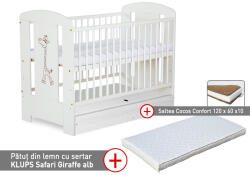 Klups Patut cu sertar KLUPS Safari Giraffe Alb + Saltea 10 Mykids Confort II