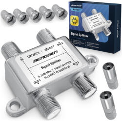 Berdsen Antenna jelosztó, Berdsen BD-957, ezüst, 5-2400 MHz, árnyékolt fémházas, egyenáram-átvezetés minden porton, 5× F és 2× F-IEC adapterrel (TE395700)
