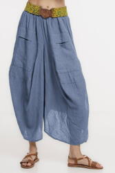 Shopika Pantaloni tip salvari din in, croiala asimetrica si buzunare, albastru jeans Talie unica