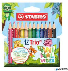 STABILO Színes ceruza készlet, háromszögletű, vastag, STABILO "Trio Thick Short Animal Vibes", 12 különböző szín (205/12-05) - alter