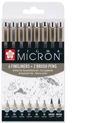Sakura Pigma Micron műszaki rajztoll és ecsetfilc készlet - 6+2 db, szürke árnyalatok (POXSDK8C)