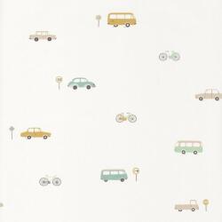  Casadeco Happy Dreams 8277317 VINTAGE CARS MENTHE VERT autók krémfehér sárga menta barna tapéta (82777317)