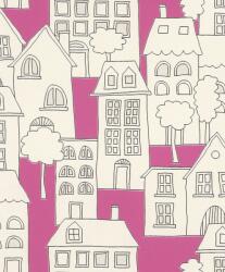  Rasch Kids & Teens II, 503463 Gyerekszobai a város házai világító ablakokkal fehér pink fekete tapéta (503463)