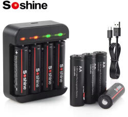 Soshine töltő +8db 14500 2000mAh 3300mWh HR6 1, 5V tölthető Lithium AA ceruza elem (Soshine-8-AA-3300mWh-Charger-Set)