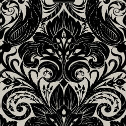  Nagyméretű szimmetrikus damaszt indák és akantuszlevelek flokkolt mintája drapp/szürkésbarna és tintafekete tónus tapéta (LB25166)
