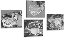 Dovido Set tablouri flori în alb-negru cu inscripție Home - 4x 40x40