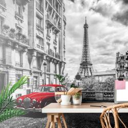 Dovido Fototapet autoadeziv mașină retro roșie în Paris - 147x99