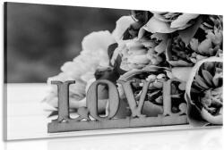 Dovido Tablou bujori cu inscripție Love în design alb-negru - 150x100