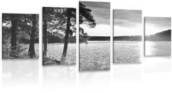 Dovido Tablou 5-piese apus de soare deasupra lacului în design alb-negru - 150x75
