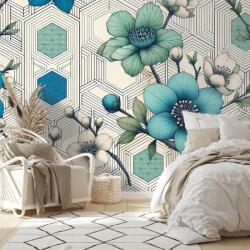 Dovido Tapet autoadeziv flori albastre cu fundal geometric - 490x330