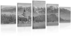 Dovido Tablou 5-piese biserica lângă lacul Bled din Slovenia în design alb-negru - 200x100