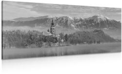 Dovido Tablou biserică lângă lac în Bled Slovenia alb-negru - 100x50