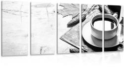 Dovido Tablou 5-piese o cană de cafea cu atingere de toamnă în design alb-negru - 150x75