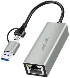 LogiLink Adaptor Wireless Logilink Adaptor USB-C la Gigabit Ethernet Logilink, 2-in-1, gri, 1xLAN (UA0238B)