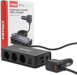 AMiO Szivargyújtó Elosztó és Gyorstöltő - USB-A + USB-C PD/QC 3.0, feszültségmérővel (04836)