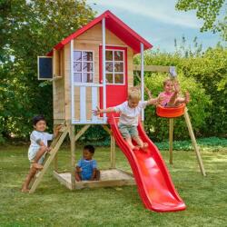 TP Toys Casuta de gradina TP TOYS, Poppy Cottage, cu platforma cu loc pentru nisip, tobogan si leagan simplu, lemn, rosu/maro/alb (TP9913) Casuta pentru copii