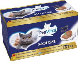 PreVital Mousse Beef, Chicken, Salmon, Tuna - pástétom válogatás marhával, csirkével, lazaccal, tonhallal felnőtt macskák számára 4 x 85 g