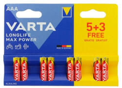 VARTA LONGLIFE Max Power Alkaline LR03/5+3 4703 1, 5V tartós AAA mikro elem (Varta-Longlife-Max-Power-LR03-5-5-4703)
