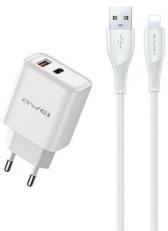 Awei PD81L-EU hálózati töltő USB+Type-C aljzat (22.5W, GaN, PD gyorstöltő + lightning kábel) FEHÉR (160604)