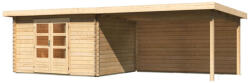 Karibu Bastrup 7. Kerti ház 4 m széles, hátfallal rendelkező bővítménnyel/terasszal, natúr fából 739 cm x 297 cm