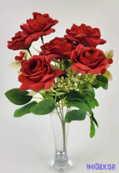  Rózsa 6 ágú selyemvirág csokor 29 cm - Piros