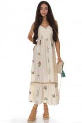 RohBoutique Rochie maxi de vara din bumbac si in cu broderie Crem DR4824