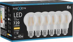 Mexen Vintis 6x LED filament izzó E27, A60, 6W, Meleg - 2700K, 720 lm, átlátszó - L150-E27-0627-00x06 (L150-E27-0627-00x06)