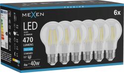 Mexen Vintis 6x Filament LED izzó E27, A60, 4W, Hideg - 6500K, 470 lm, átlátszó - L150-E27-0465-00x06 (L150-E27-0465-00x06)