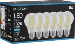 Mexen Vintis 6x LED filament izzó E27, A60, 10W, Hideg - 6500K, 1320 lm, átlátszó - L150-E27-1065-00x06 (L150-E27-1065-00x06)