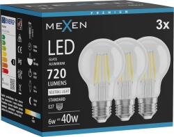 Mexen Vintis 3x LED filament izzólámpa E27, A60, 6W, Semleges - 4000K, 720 lm, átlátszó - L150-E27-0640-00x03 (L150-E27-0640-00x03)