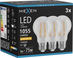 Mexen Vintis 3x Fejlámpa LED E27, A60, 8W, Meleg - 2200K, 1055 lm, áttetsző - L150-E27-0822-00x03 (L150-E27-0822-00x03)