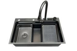 Hausberg Set chiuveta multifunctionala bucatarie, baterie si accesorii, model negru/ gri antracit, baterii tip cascada, display digital, dimensiune 75 x 46 cm (HBC-9950NG) Chiuveta