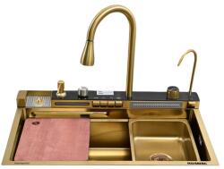 Hausberg Set chiuveta multifunctionala bucatarie, baterie si accesorii, model auriu , baterii tip cascada si pentru apa purificata, display digital, dimensiune 75 x 46 cm (HBC-9955AU) Chiuveta