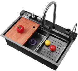 Hausberg Set chiuveta multifunctionala bucatarie, baterie si accesorii, model negru/ gri antracit, baterii tip cascada si pentru apa purificata, display digital, dimensiune 75 x 46 cm (HBC-99555NG) Chiuveta