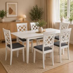 Malaezia Set masa living extensibila Miami, MDF, lemn masiv, 120 150 x 80 x 73.8 cm si 6 scaune Vienna, tapitat stofa, 94x49x40 cm, alb gri (S4260,4187x6)