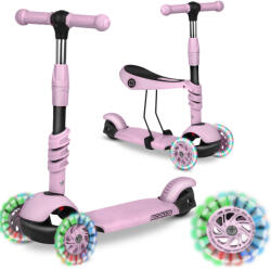 RicoKids Háromkerekű roller, Ricokids Cubi, rózsaszín, 3 az 1-ben, LED világítás a kerekben, állítható magasságú kormány és ülés, balanszos irányítás, csúszásgátló fellépő, EN 71, max. 30 kg (sérült csomagolás